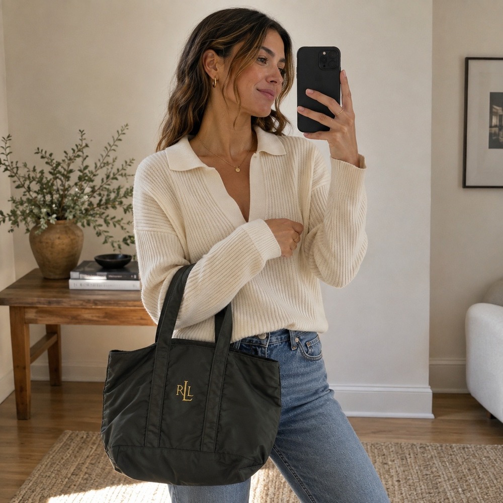 Lauren Ralph Lauren Olive Nylon Tote Gold RLL Monogram Logo